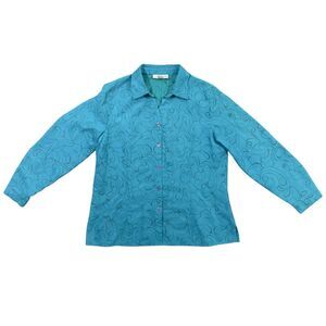 Sag Harbor Shirt Women XL Aqua Floral Collared Long Sleeve Classic Button-Up Top